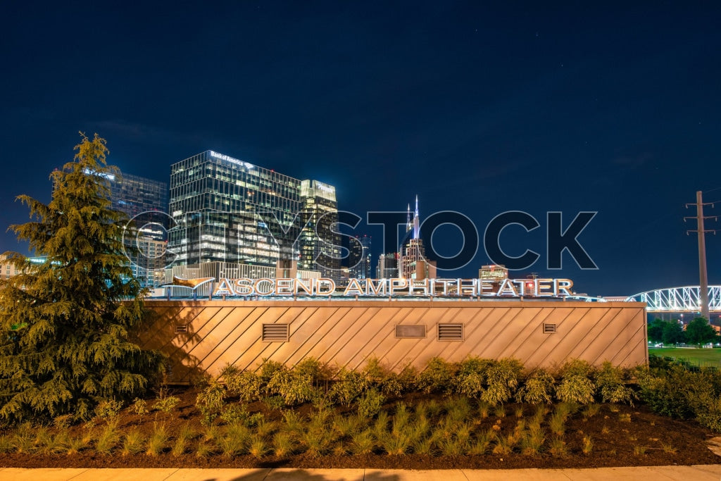 Night view of Ascend Amphitheater and Nashville skyline