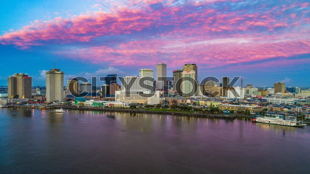 Stunning New Orleans Skyline at Sunset with Colorful Sky