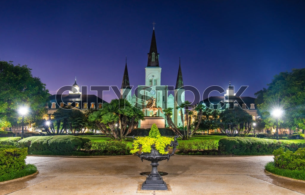 Twilight at historic Jackson Square, New Orleans, showing cathedral