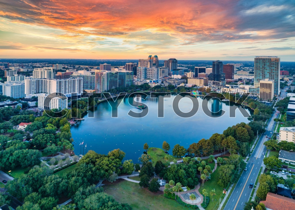 Aerial view of Orlando skyline and Lake Eola at sunset, Florida