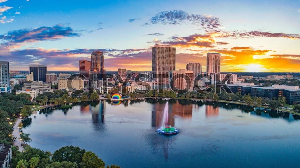 Aerial view of sunrise over Lake Eola, Orlando with colorful skyline