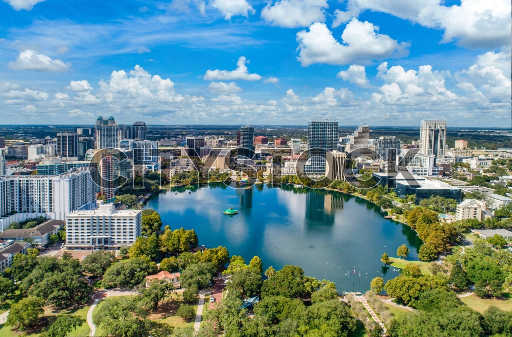Aerial view of Orlando skyline with modern buildings by Lake Eola