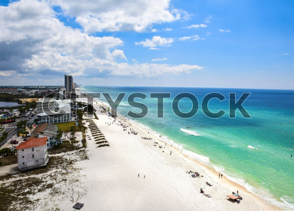 Aerial view of Panama City Beach with white sands and blue ocean