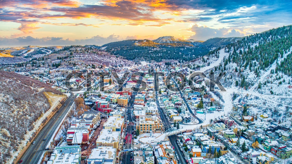 Aerial view of Park City, Utah at sunrise in winter