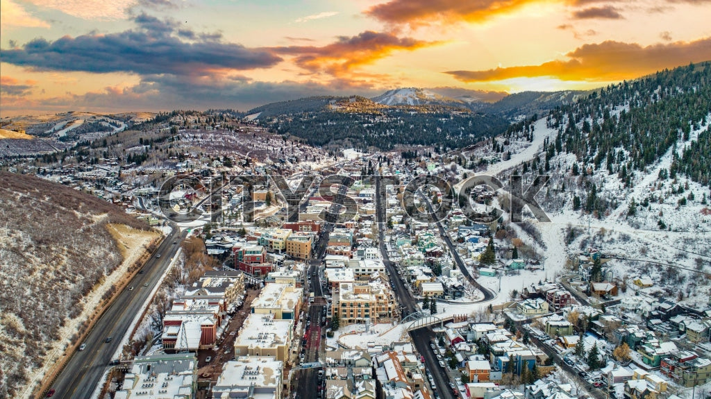 Aerial view of Park City, Utah during winter sunrise