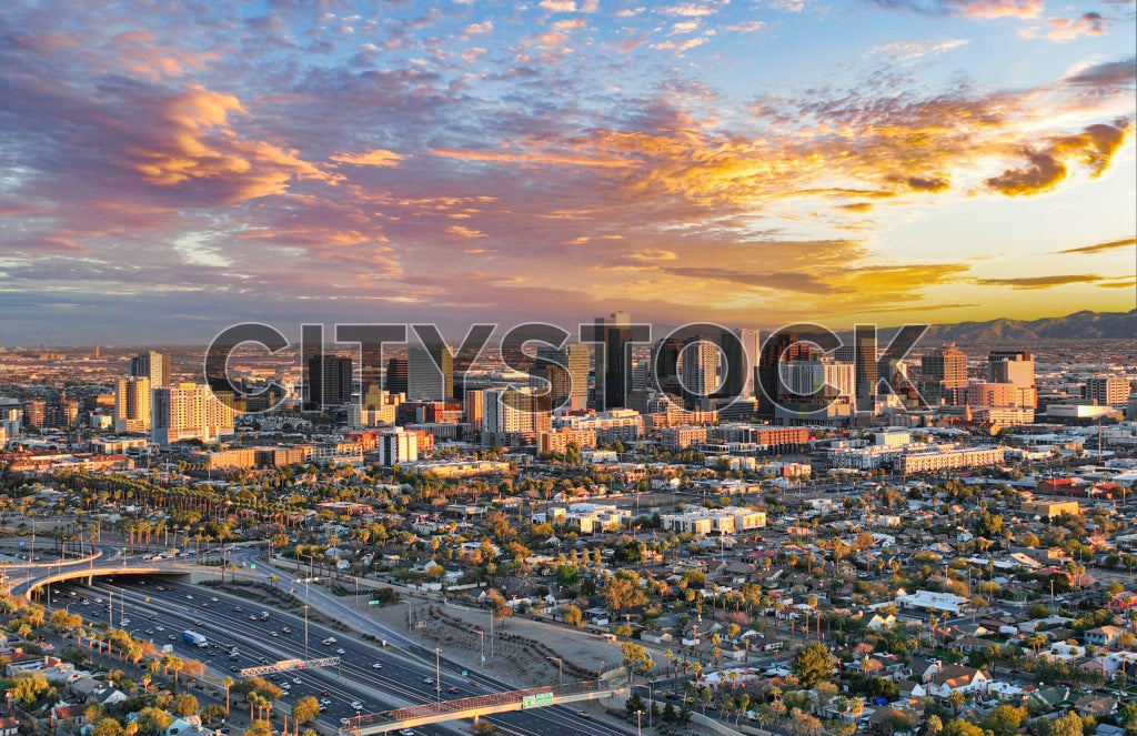 Aerial shot of Phoenix skyline during sunset with vibrant sky