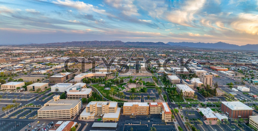 Aerial view of Phoenix, Arizona during sunset showing cityscape