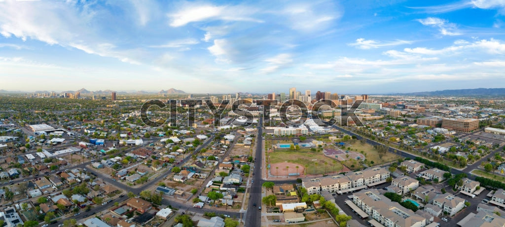 Aerial view of downtown Phoenix, Arizona at sunrise
