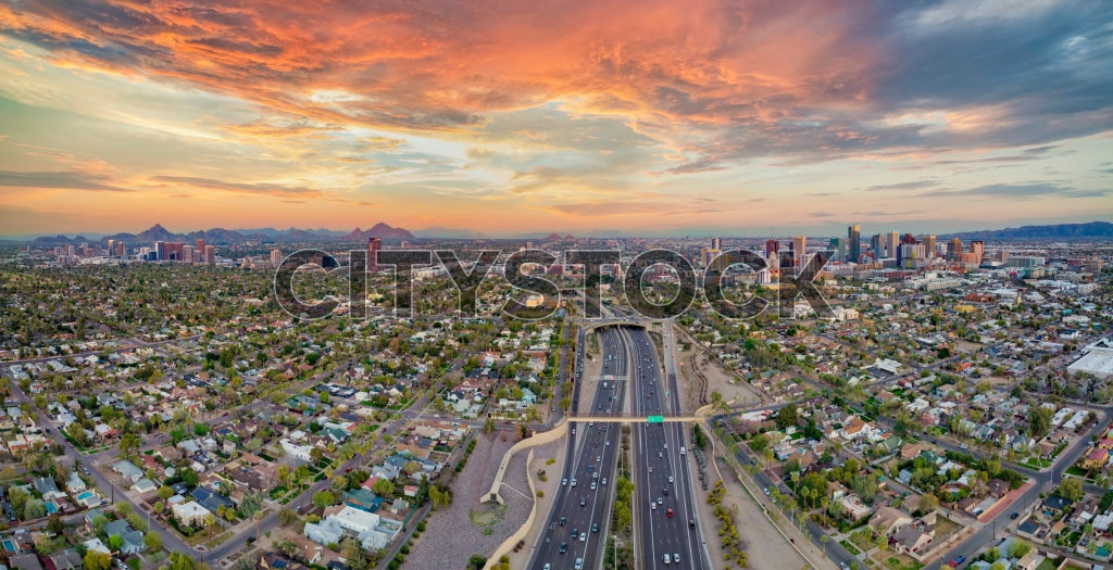 Aerial view of Phoenix downtown at sunset with vibrant skies