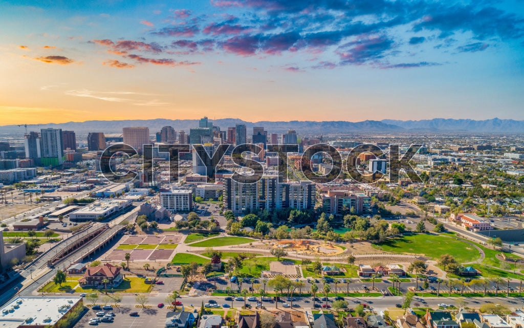 Aerial cityscape of Phoenix, Arizona during sunrise