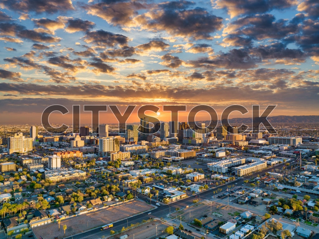 Aerial view of Phoenix, AZ with sunrise over skyline