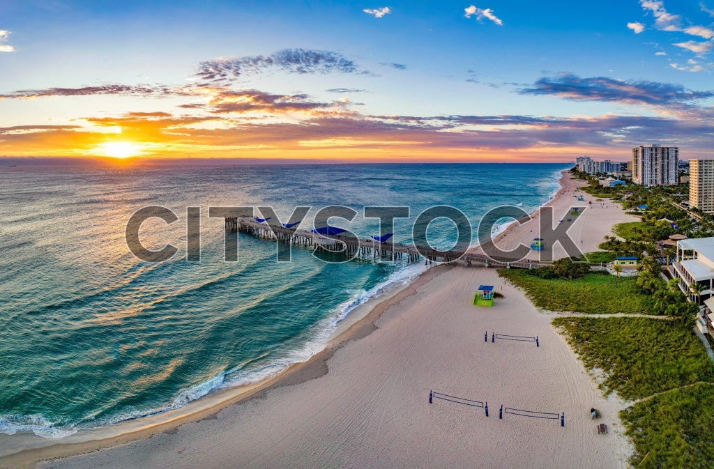 Aerial view of Sunrise at Pompano Beach Pier, Florida