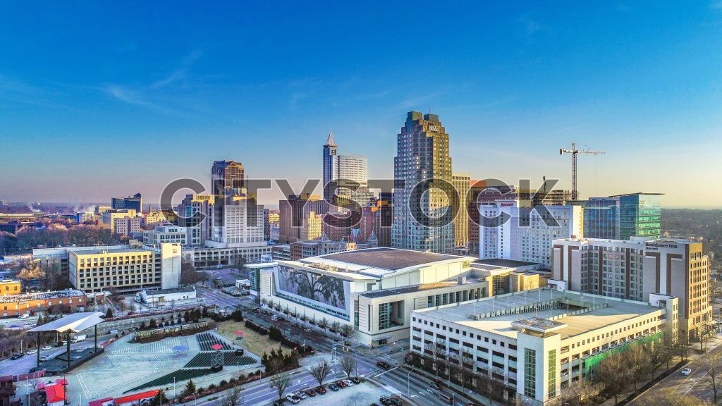 Aerial view of Raleigh NC skyline during sunset with clear skies