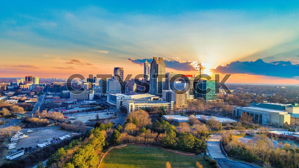 Aerial view of Raleigh NC skyline during sunset
