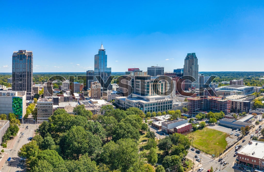Aerial view of Raleigh, NC skyline with clear blue skies and lush greenery