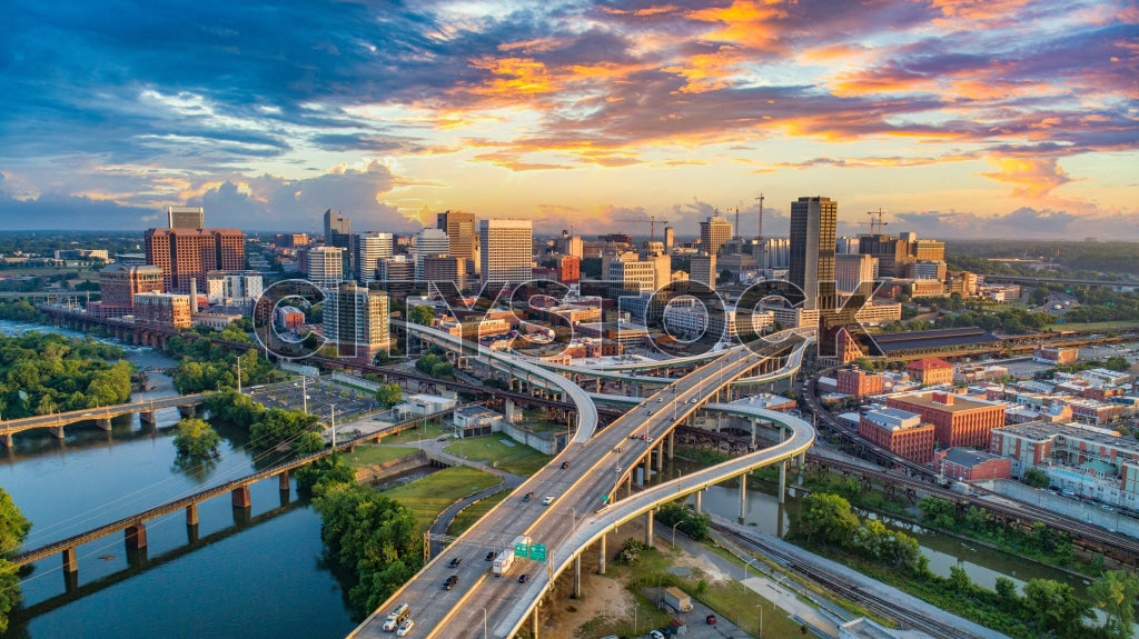 Aerial view of Richmond Virginia at sunset with colorful sky