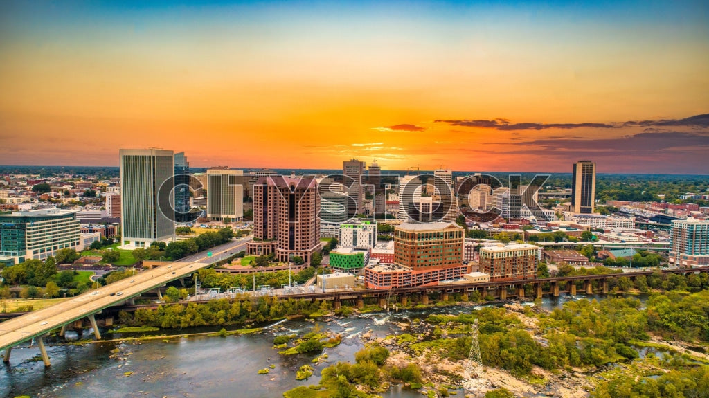 Aerial view of Richmond VA skyline during sunset