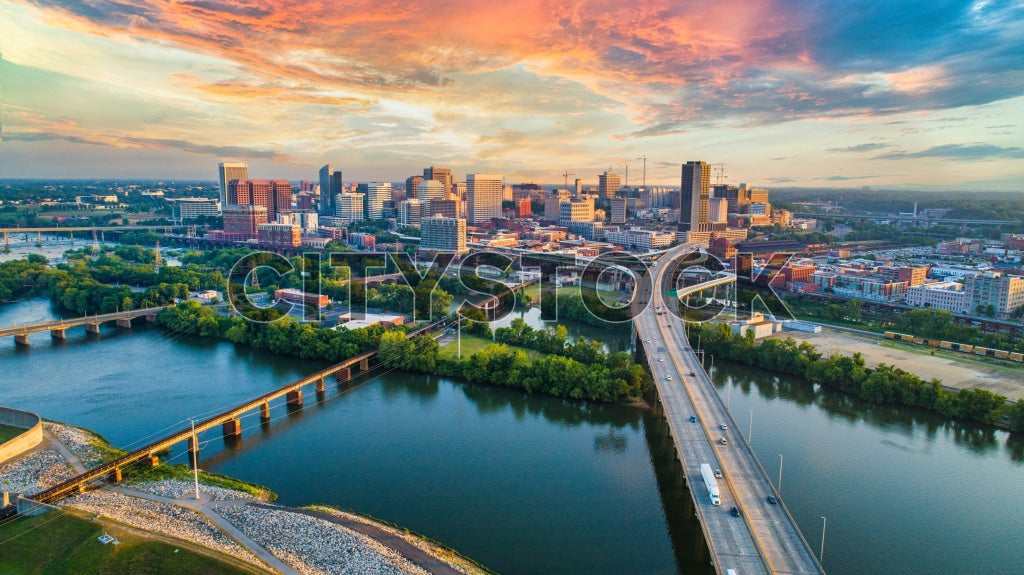 Aerial sunrise view over Richmond, Virginia showing skyline and James River