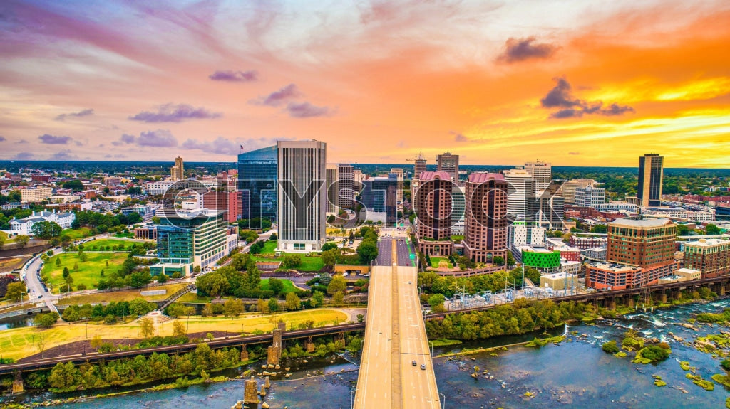 Aerial view of Richmond VA skyline during sunset