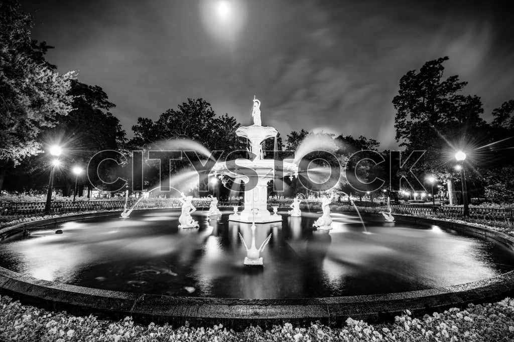 Historic Fountain in Savannah at Night, Black and White Photo