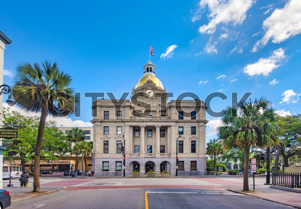 Savannah City Hall with golden dome, blue sky and palm trees