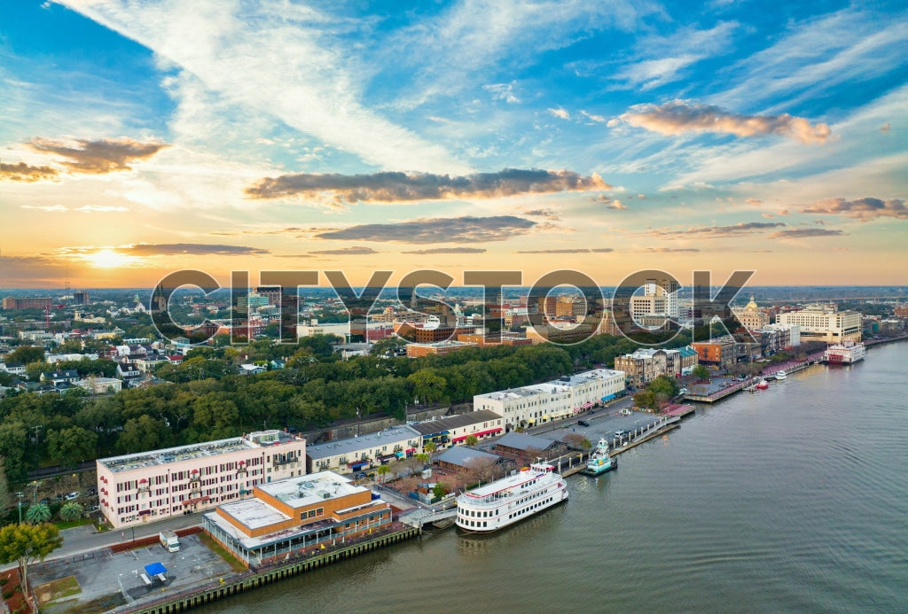 Aerial sunset view of Savannah River and skyline in Georgia