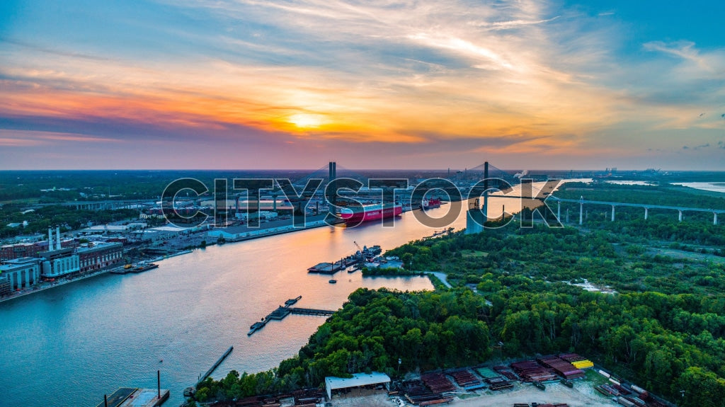 Aerial view of Savannah River and cityscape at sunrise, Georgia