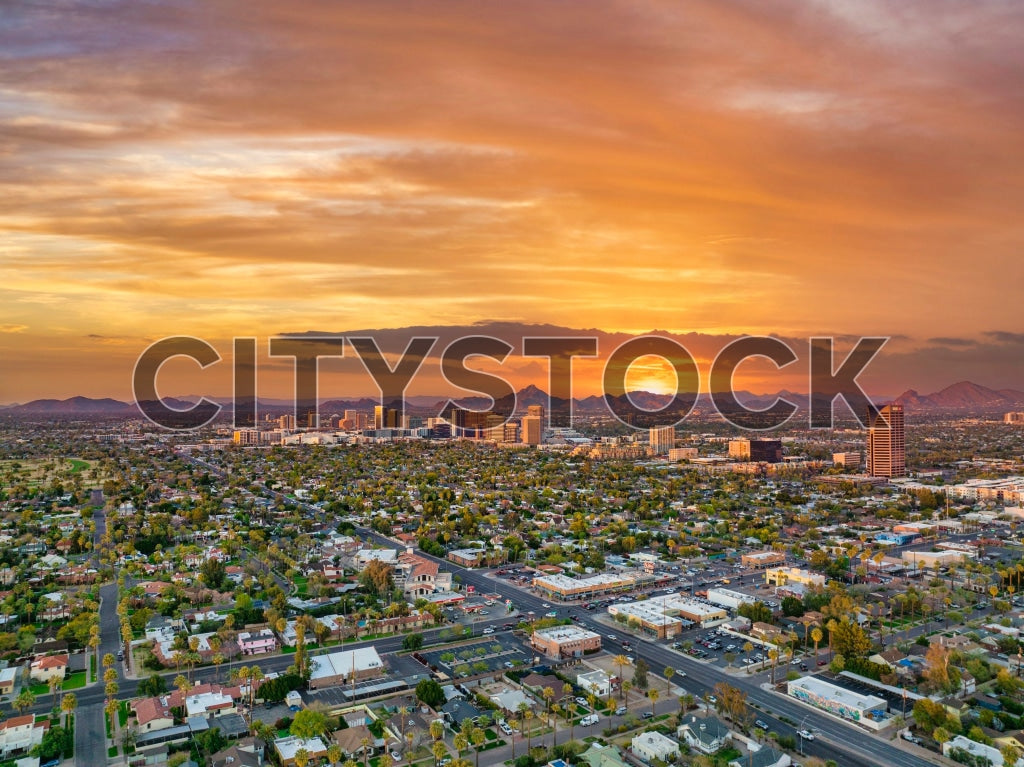 Aerial view of Scottsdale, AZ during sunset showing cityscape