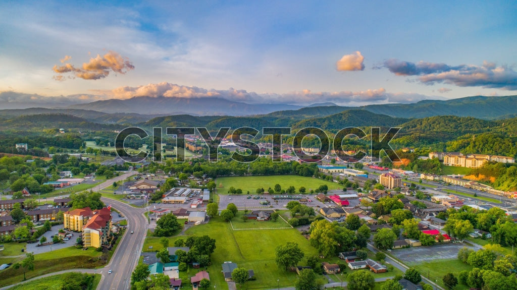 Aerial view of Sevierville, TN at sunrise with lush landscapes