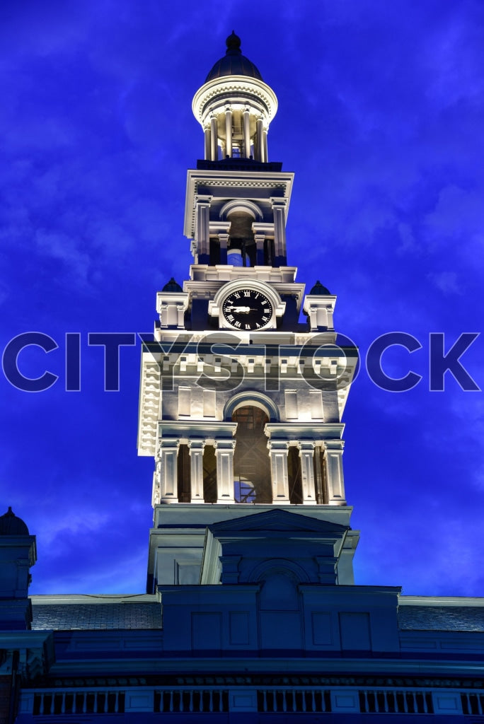 Twilight view of the historic courthouse with lit facade in Sevierville, TN