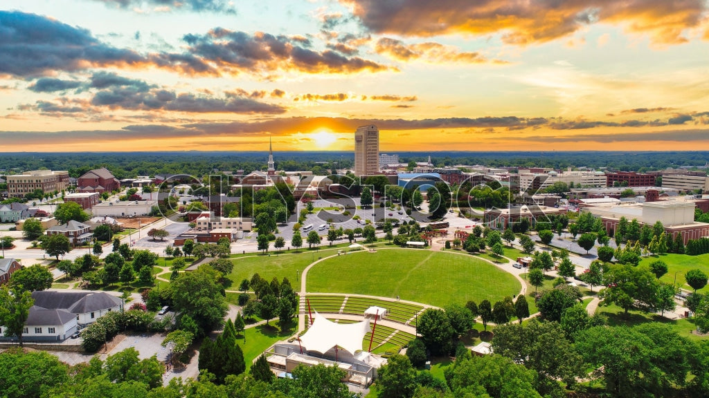 Aerial sunset view of Spartanburg, South Carolina cityscape