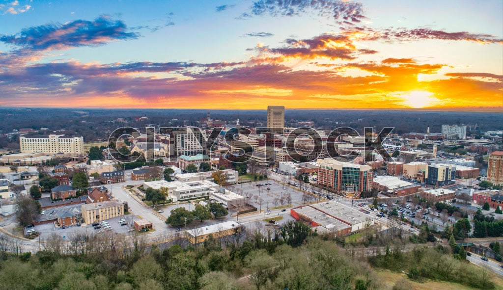 Aerial view of Spartanburg, South Carolina during sunset