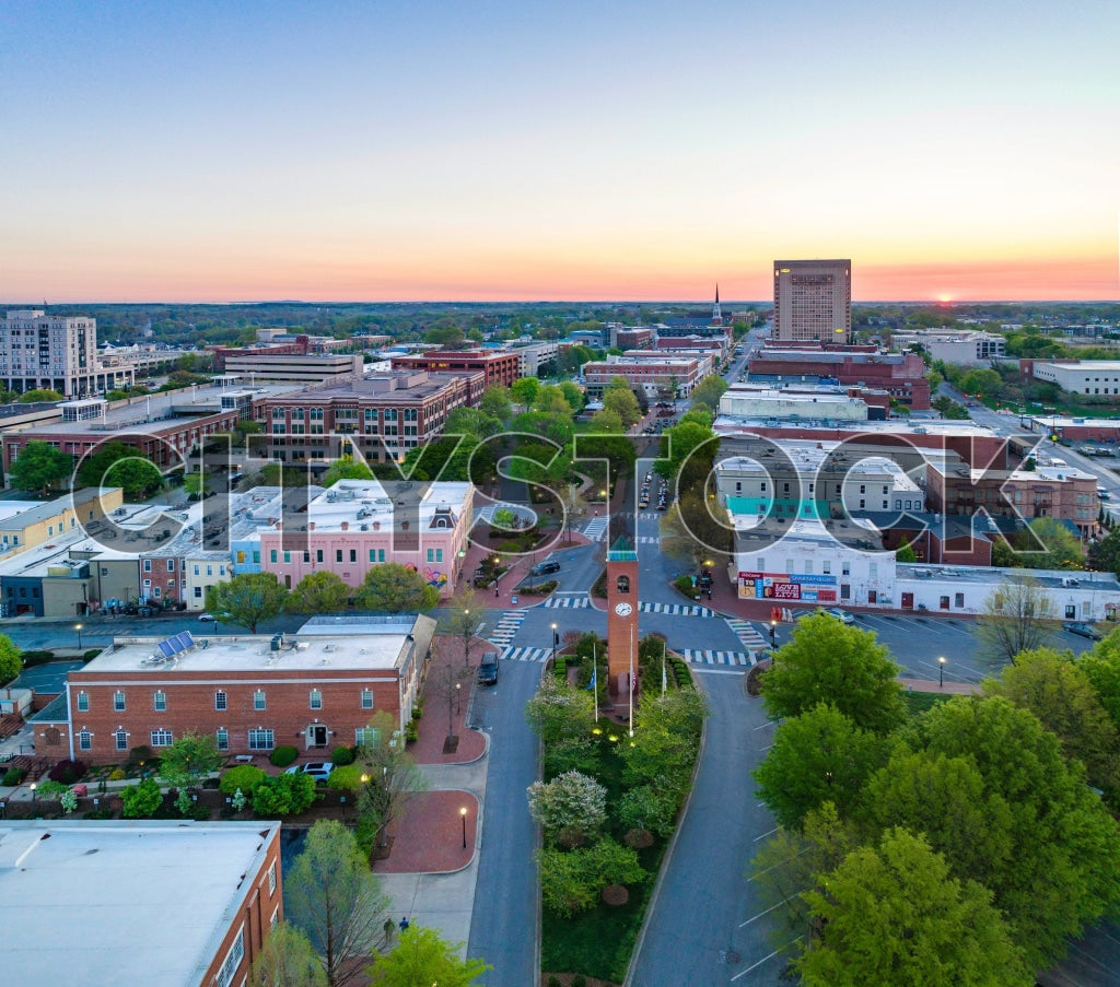 Aerial view of downtown Spartanburg, South Carolina at sunrise