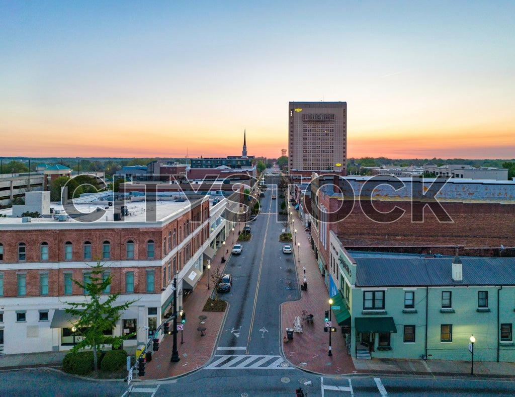 Aerial view of Spartanburg, SC at sunrise showing downtown