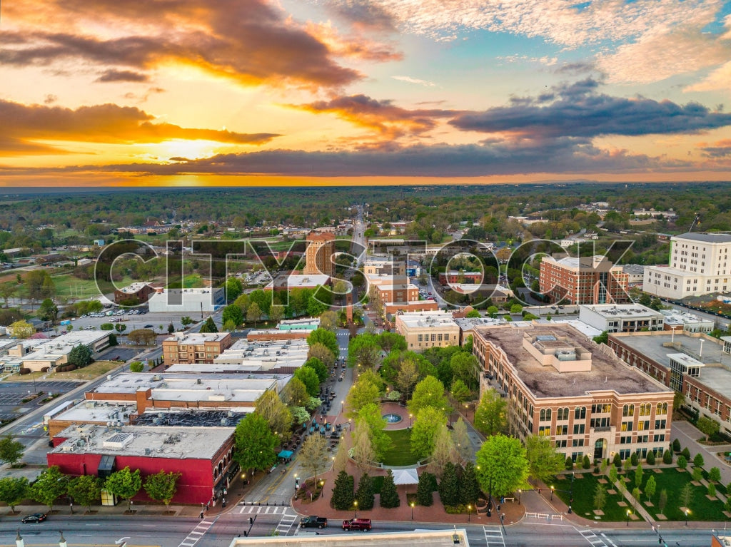 Aerial sunrise view of Spartanburg, South Carolina cityscape