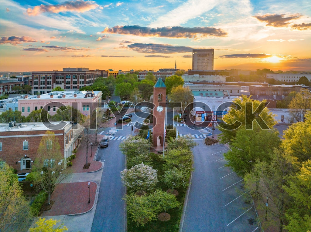 Aerial view of Spartanburg at sunset with vibrant skies and city view