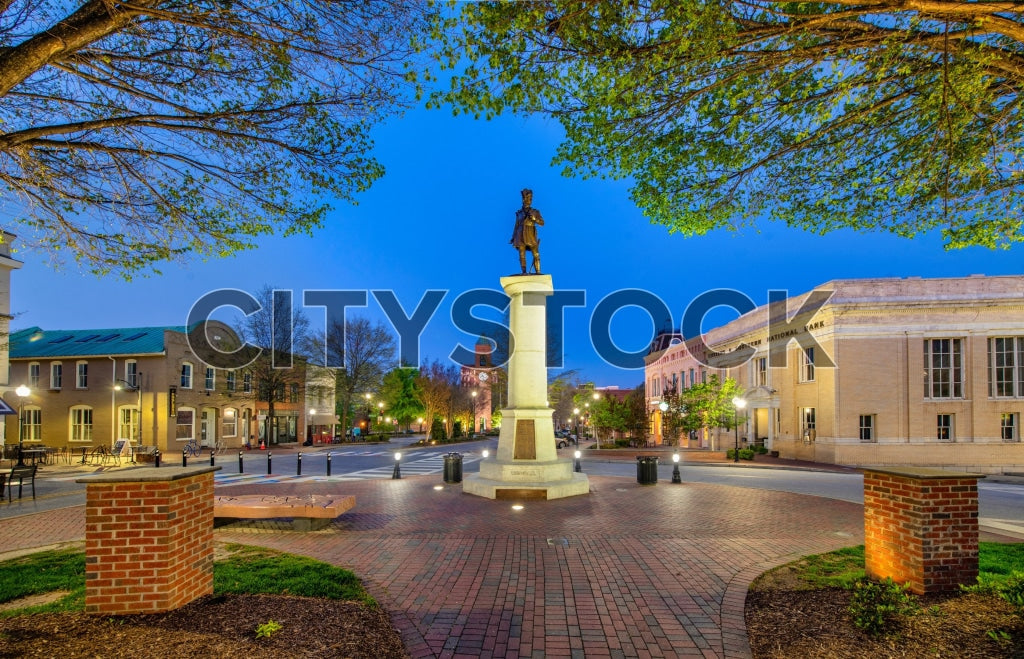 Historic statue at twilight in Spartanburg town square, South Carolina