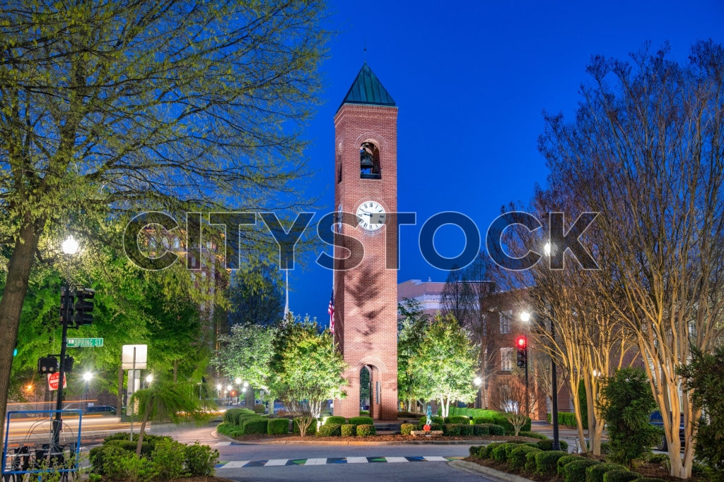 Spartanburg's historic clock tower illuminated at twilight