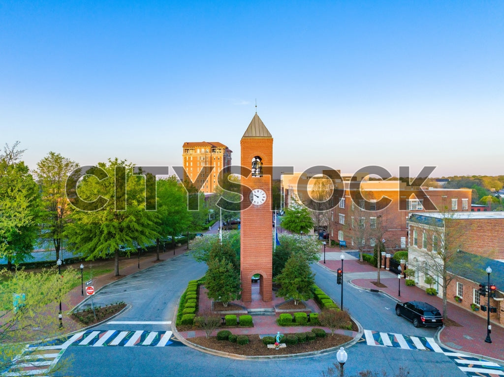 Aerial view of Spartanburg SC downtown with clock tower at dawn
