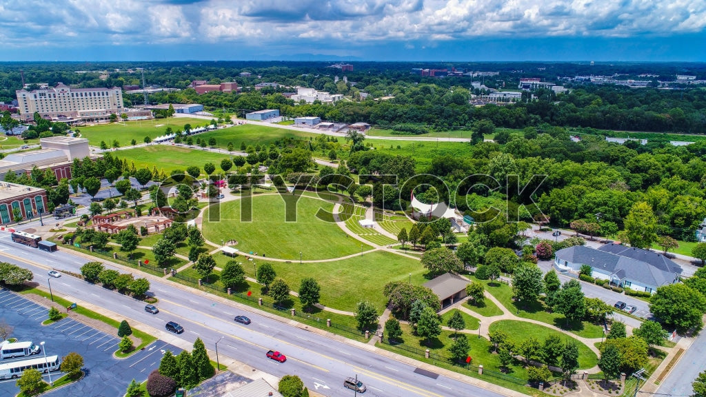 Aerial view of Spartanburg SC showing parks and urban areas