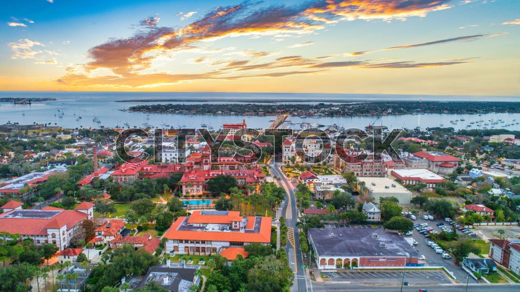 Aerial sunrise view of historic St. Augustine, Florida