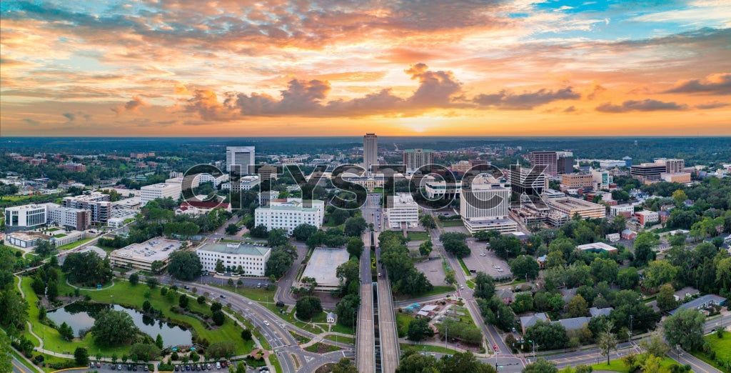 Aerial view of Tallahassee, FL at sunrise with vibrant skies