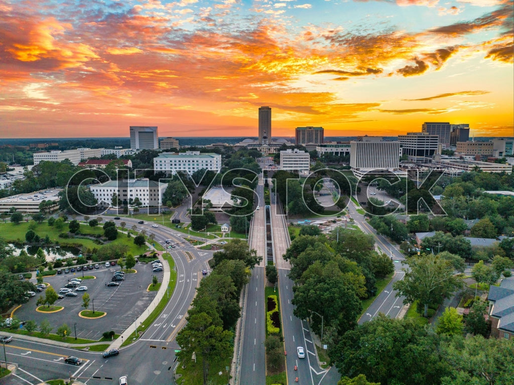 Aerial Sunrise view of Tallahassee showing city streets and buildings