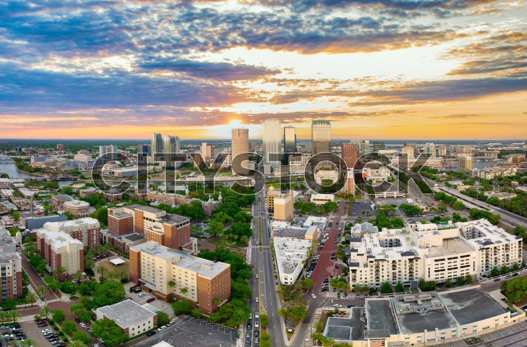 Aerial view of Tampa skyline at sunrise with vibrant colors