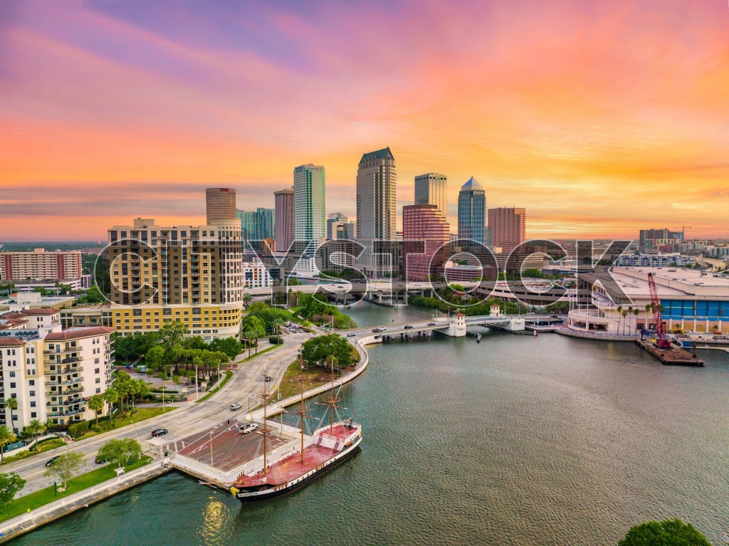 Aerial view of Tampa skyline and waterfront during sunset