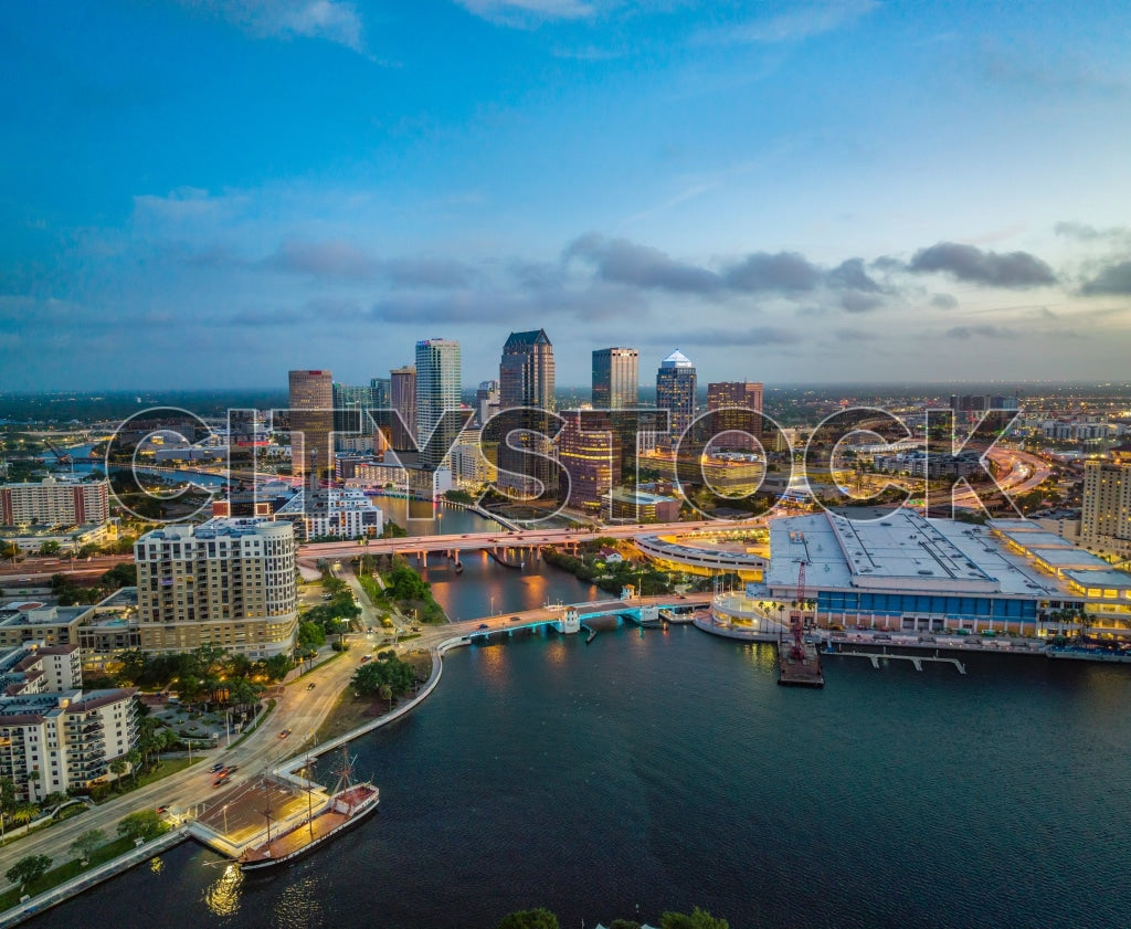 Aerial view of Tampa Bay at sunrise, highlighting cityscape