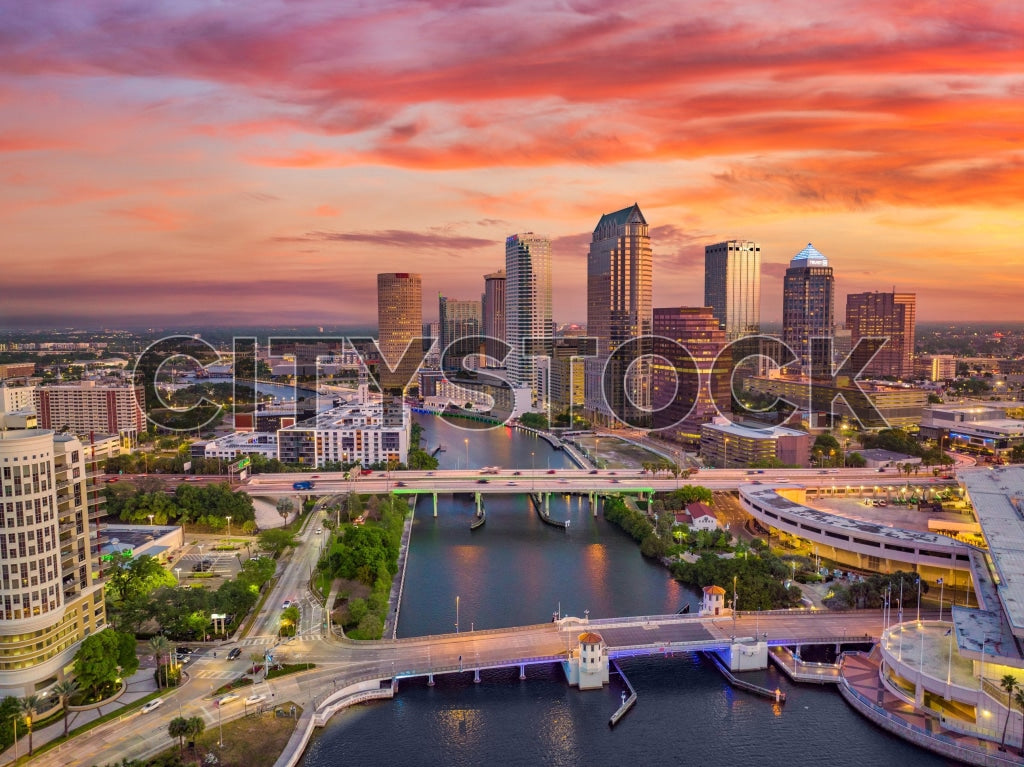 Aerial sunset view of Tampa's skyline and Hillsborough River