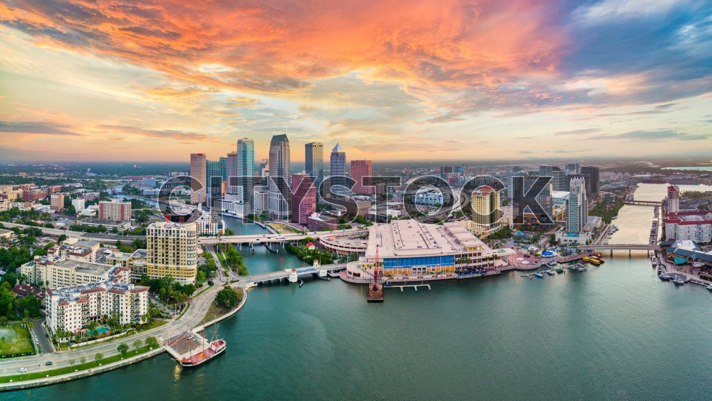 Aerial view of downtown Tampa, Florida during sunset with vibrant skies