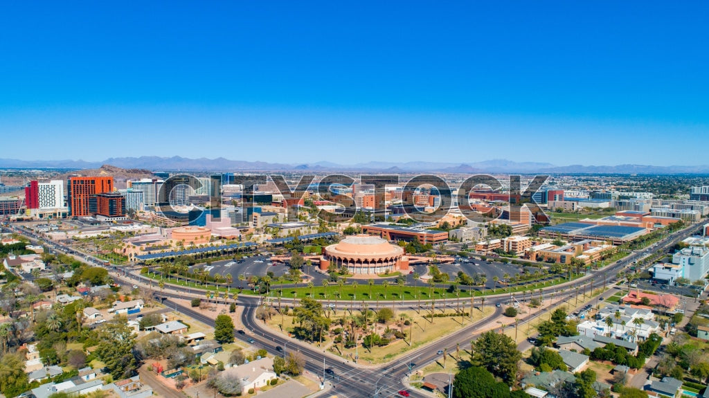 Aerial view of Tempe, Arizona, showing modern city and green spaces