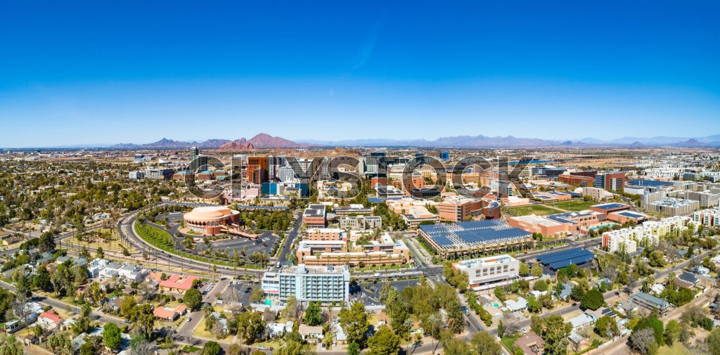 Aerial view of Tempe, Arizona showing urban structures against blue sky